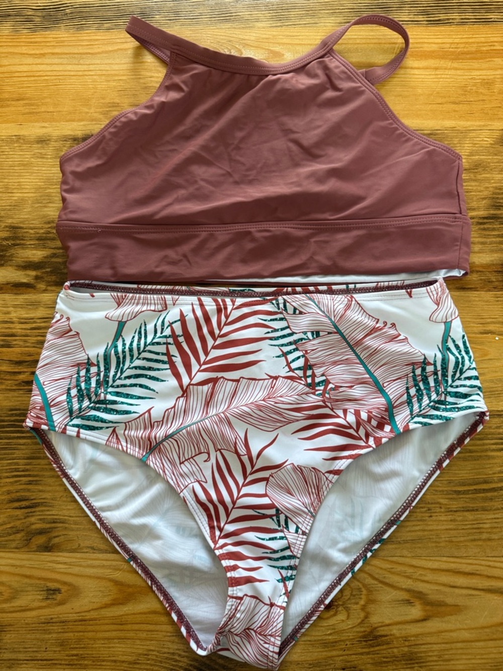 SHEIN Mauve High Neck Bikini Top with White Tropical Print High-Waist Bottom